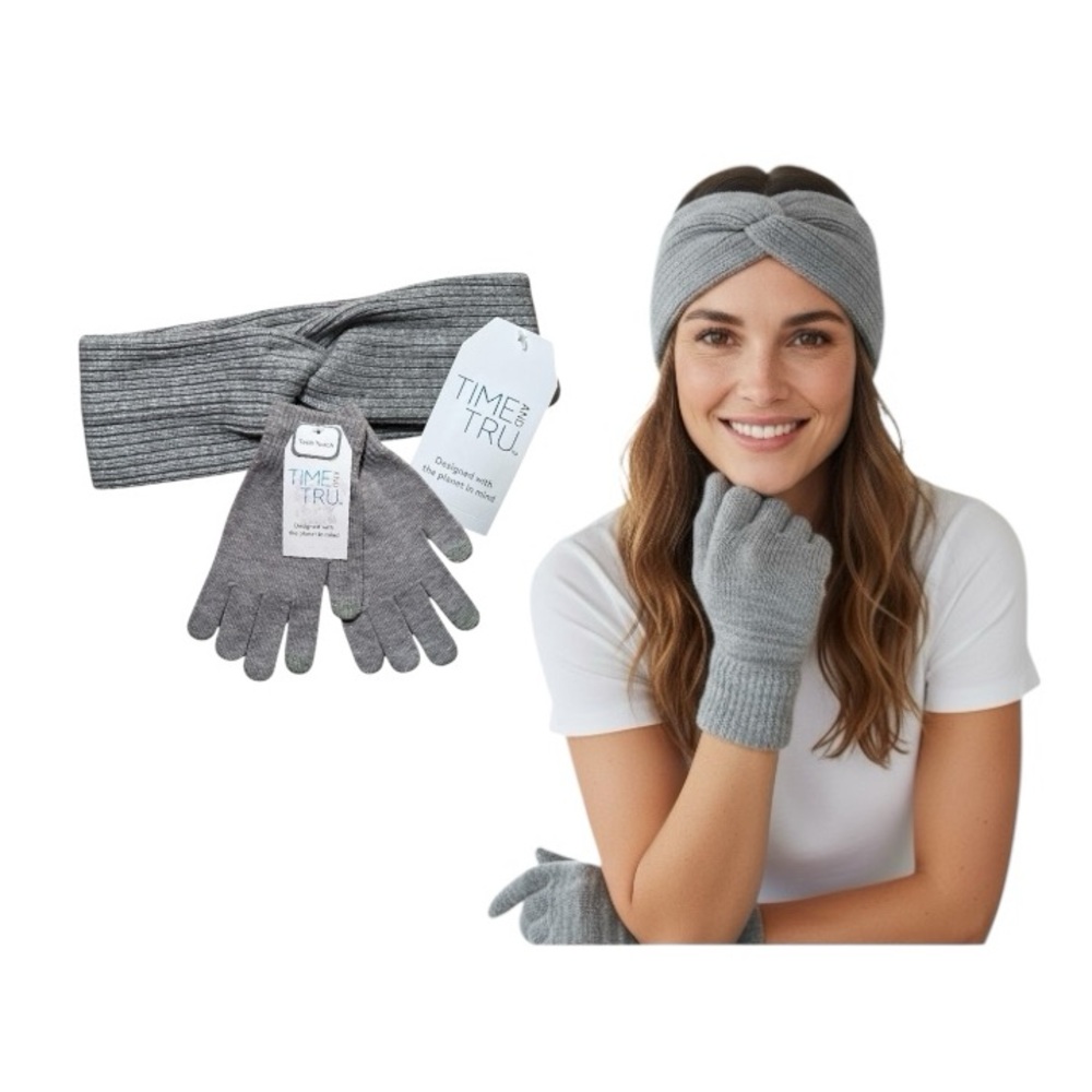 Time And Tru Gray Heather Gloves And Headwrap